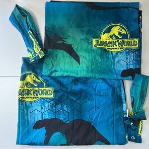 Lot of 2 Jurassic World curtains w/ ties approx 64”x39.5” blue yellow green